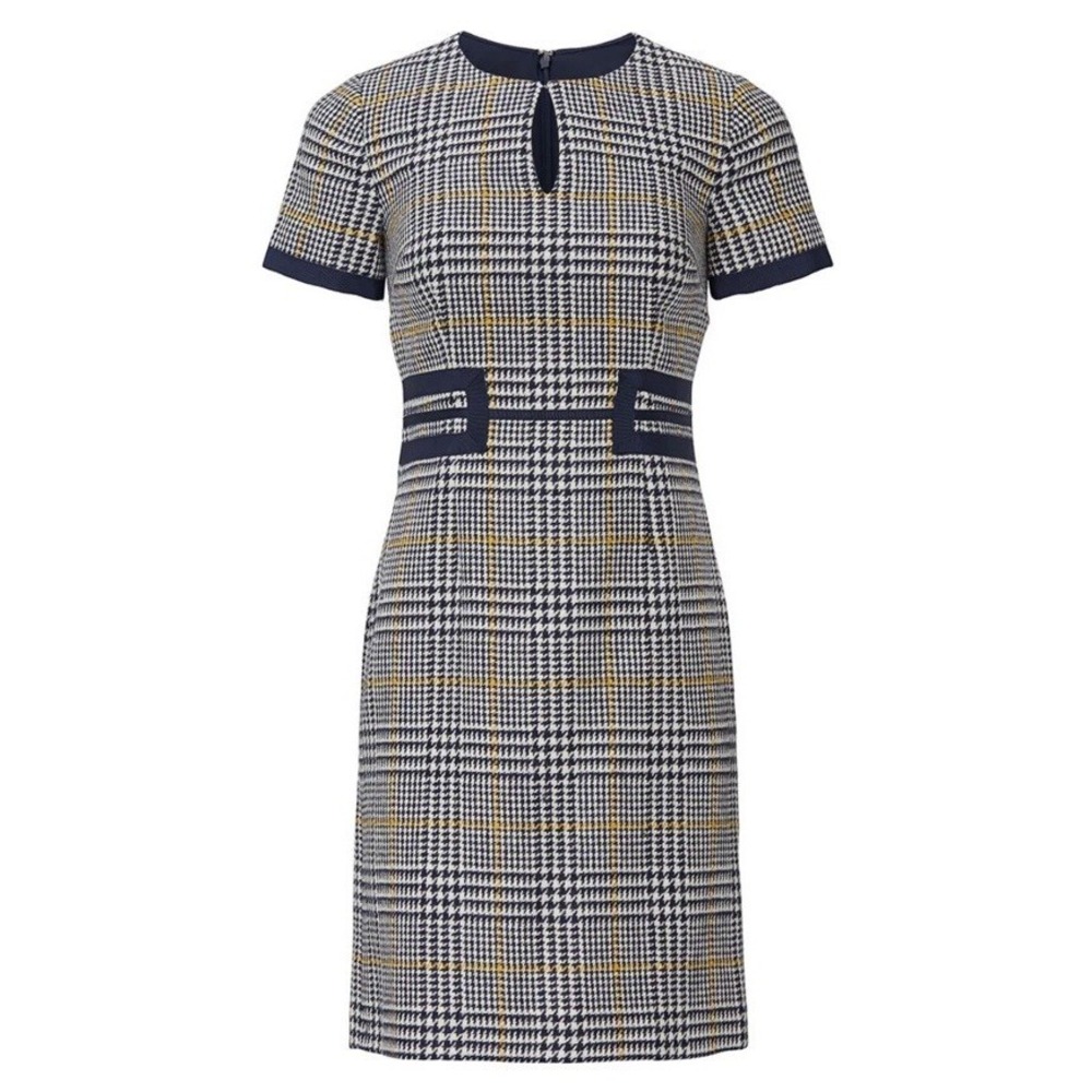BODEN 100% WOOL BRITISH TWEED BLUE YELLOW PINAFORE MIDI DRESS UK 10 US 6